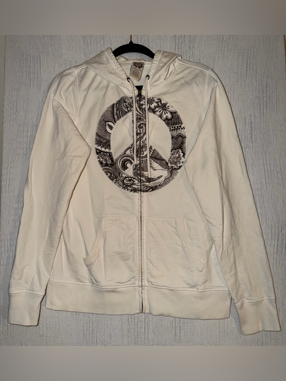 Lucky Brand Y2K Peace Sign Zip Hoodie Large Boho Hippie Festival 100% Cotton L